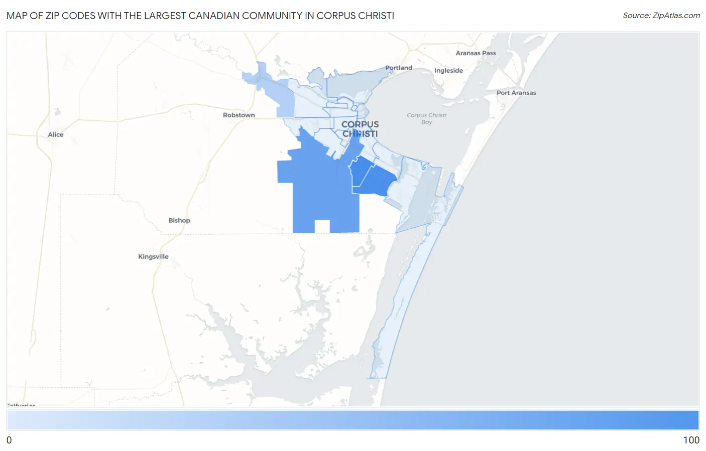 Zip Codes with the Largest Canadian Community in Corpus Christi Map