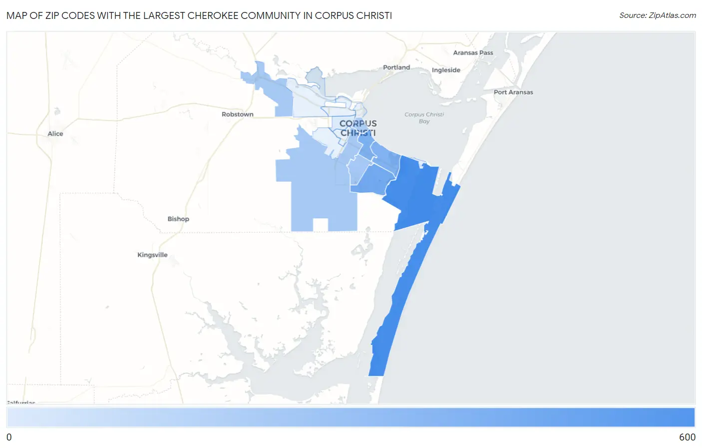 Zip Codes with the Largest Cherokee Community in Corpus Christi Map