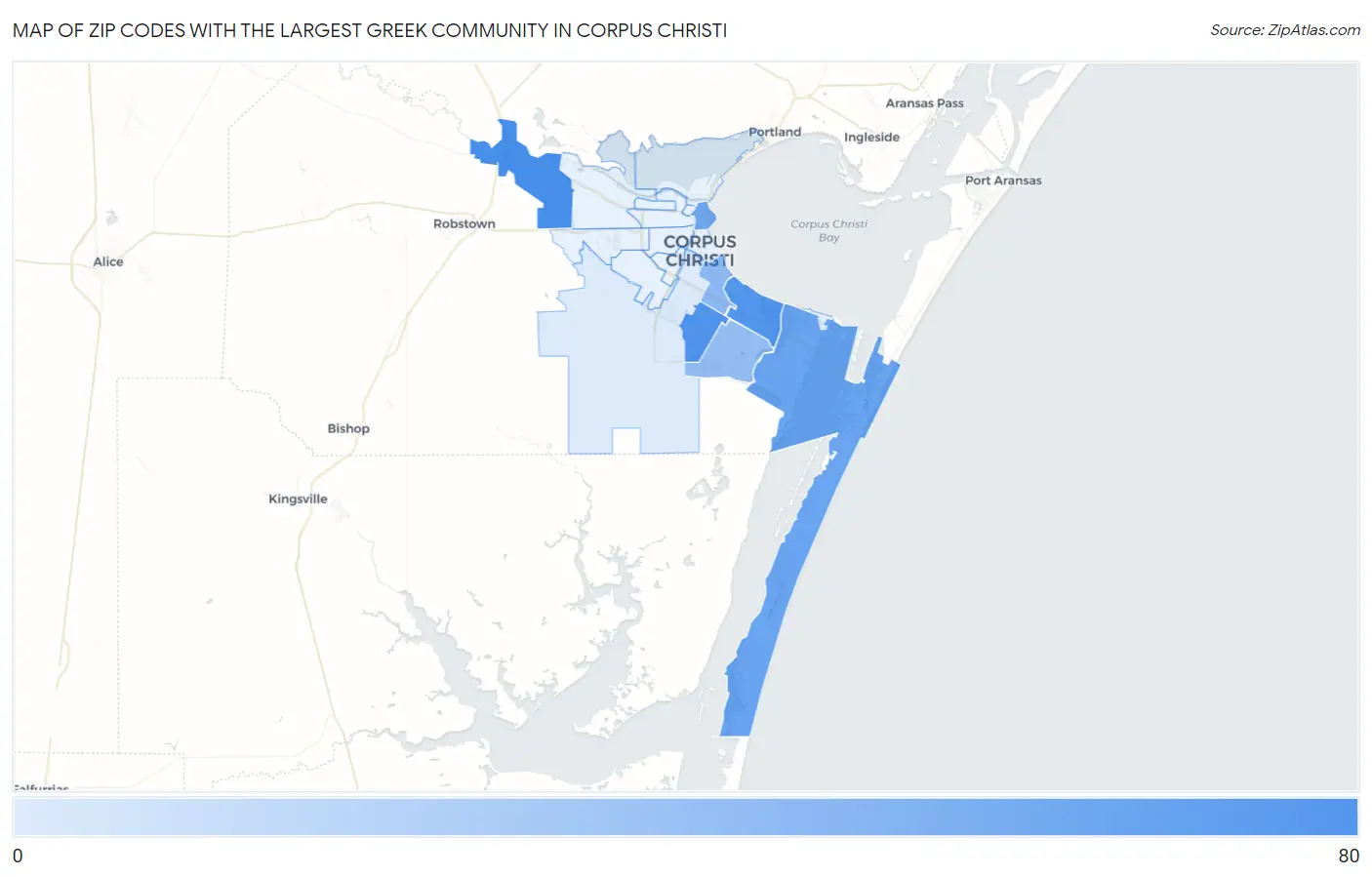 Zip Codes with the Largest Greek Community in Corpus Christi Map