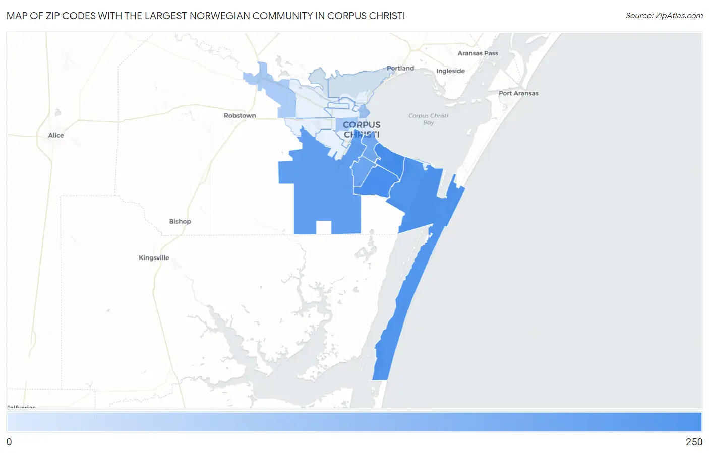 Zip Codes with the Largest Norwegian Community in Corpus Christi Map