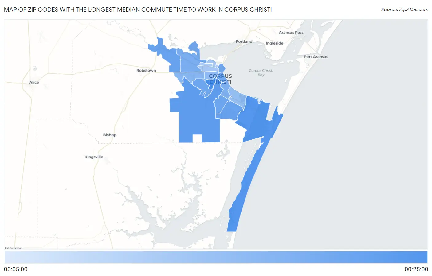 Zip Codes with the Longest Median Commute Time to Work in Corpus Christi Map