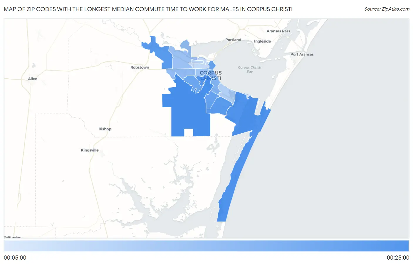 Zip Codes with the Longest Median Commute Time to Work for Males in Corpus Christi Map
