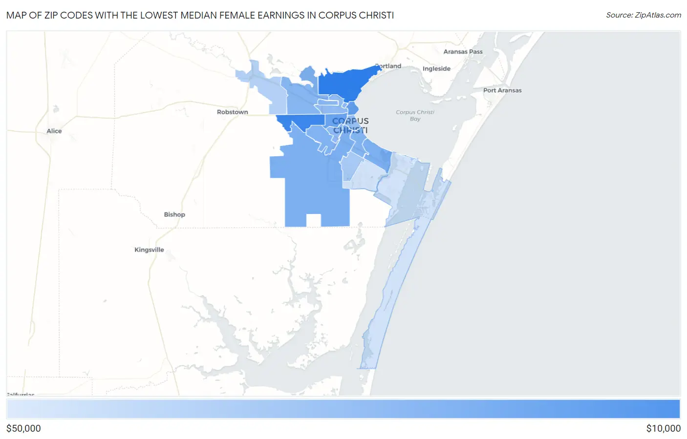 Zip Codes with the Lowest Median Female Earnings in Corpus Christi Map