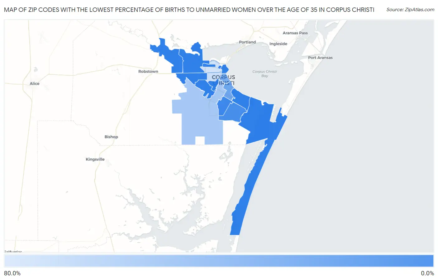 Zip Codes with the Lowest Percentage of Births to Unmarried Women over the Age of 35 in Corpus Christi Map