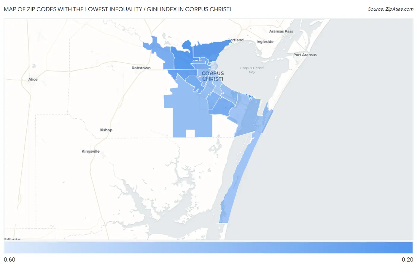 Zip Codes with the Lowest Inequality / Gini Index in Corpus Christi Map