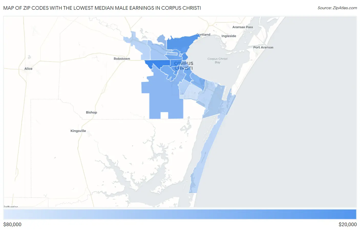 Zip Codes with the Lowest Median Male Earnings in Corpus Christi Map