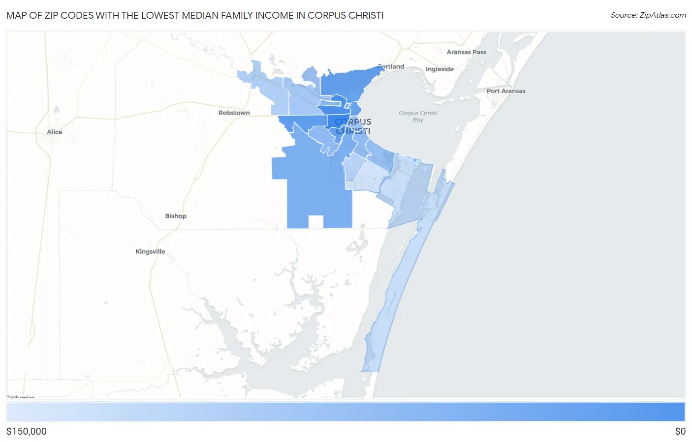 Zip Codes with the Lowest Median Family Income in Corpus Christi Map