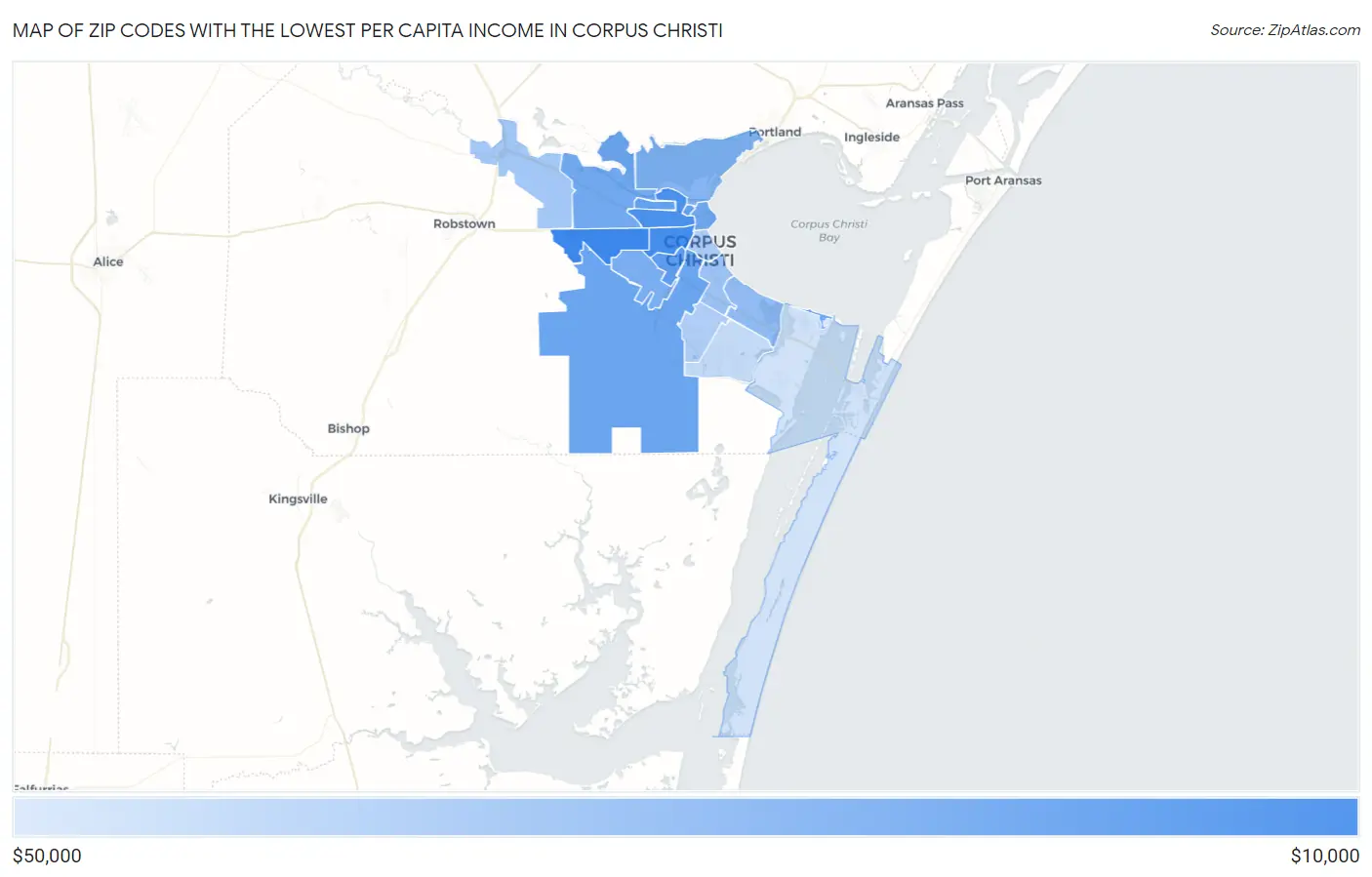 Zip Codes with the Lowest Per Capita Income in Corpus Christi Map