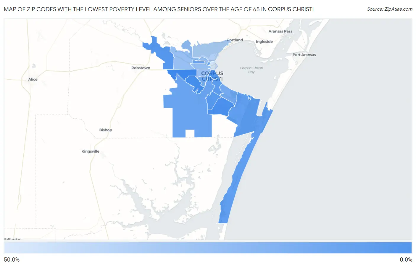 Zip Codes with the Lowest Poverty Level Among Seniors Over the Age of 65 in Corpus Christi Map