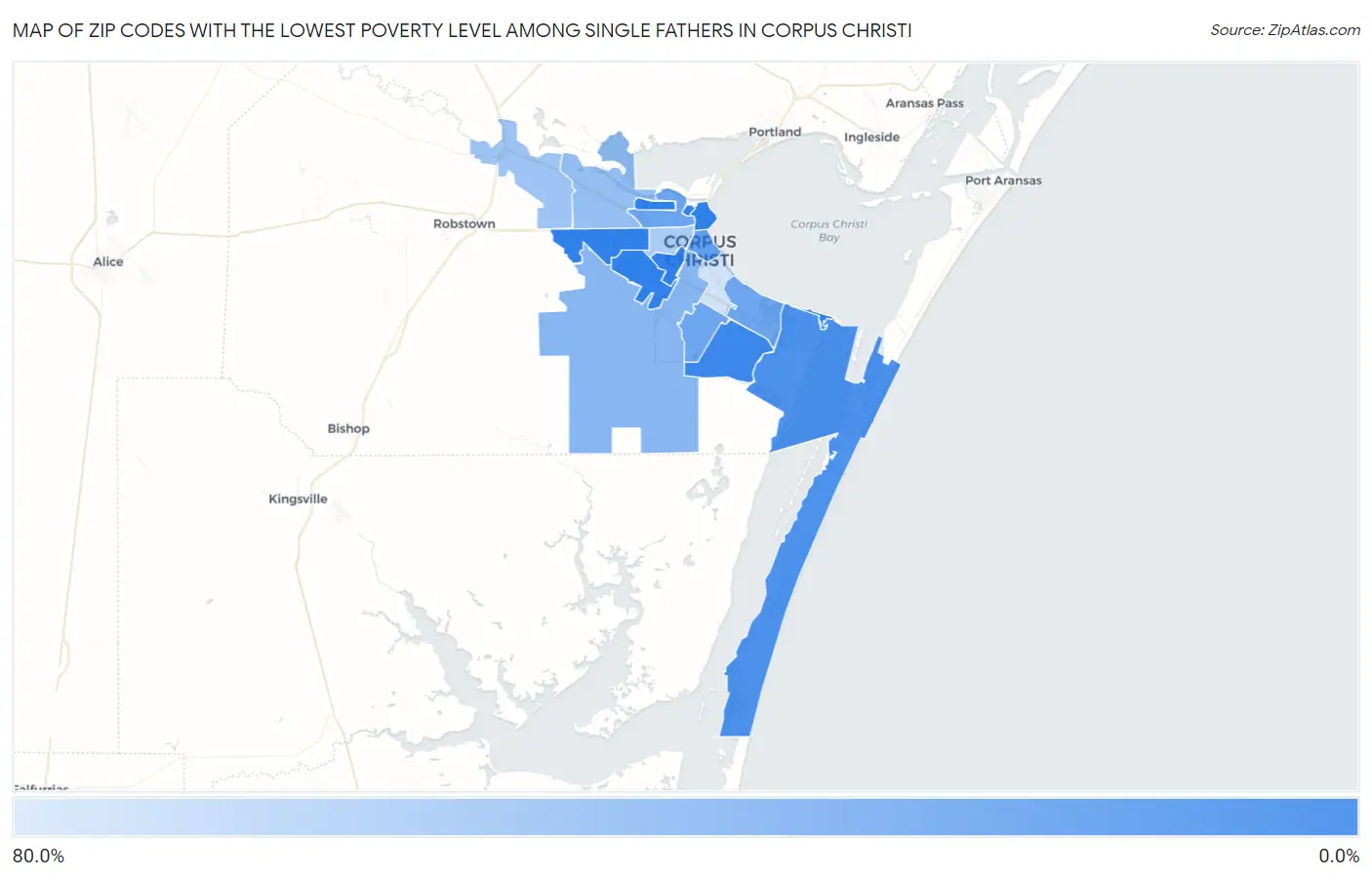 Zip Codes with the Lowest Poverty Level Among Single Fathers in Corpus Christi Map