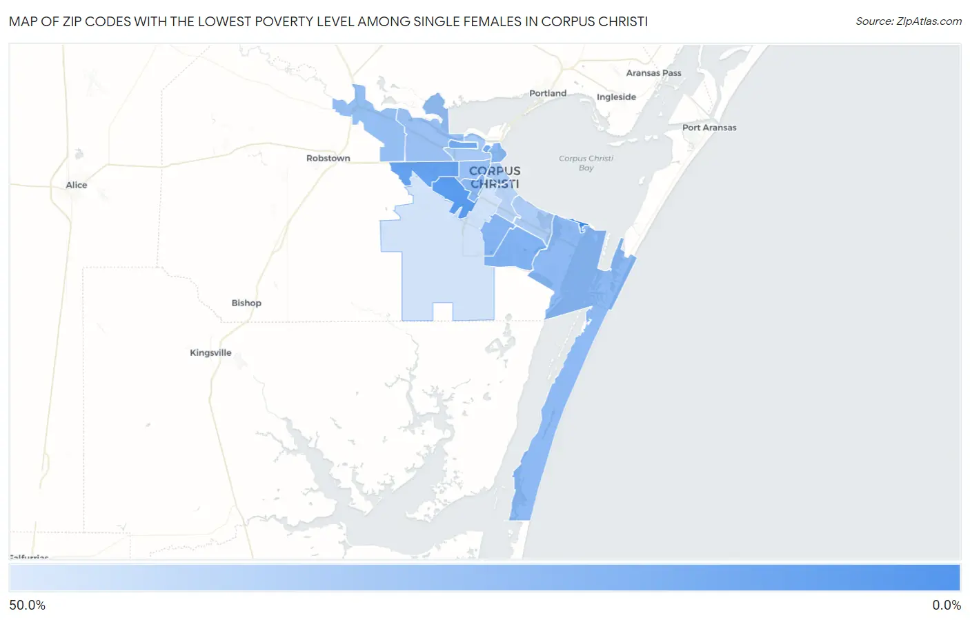 Zip Codes with the Lowest Poverty Level Among Single Females in Corpus Christi Map