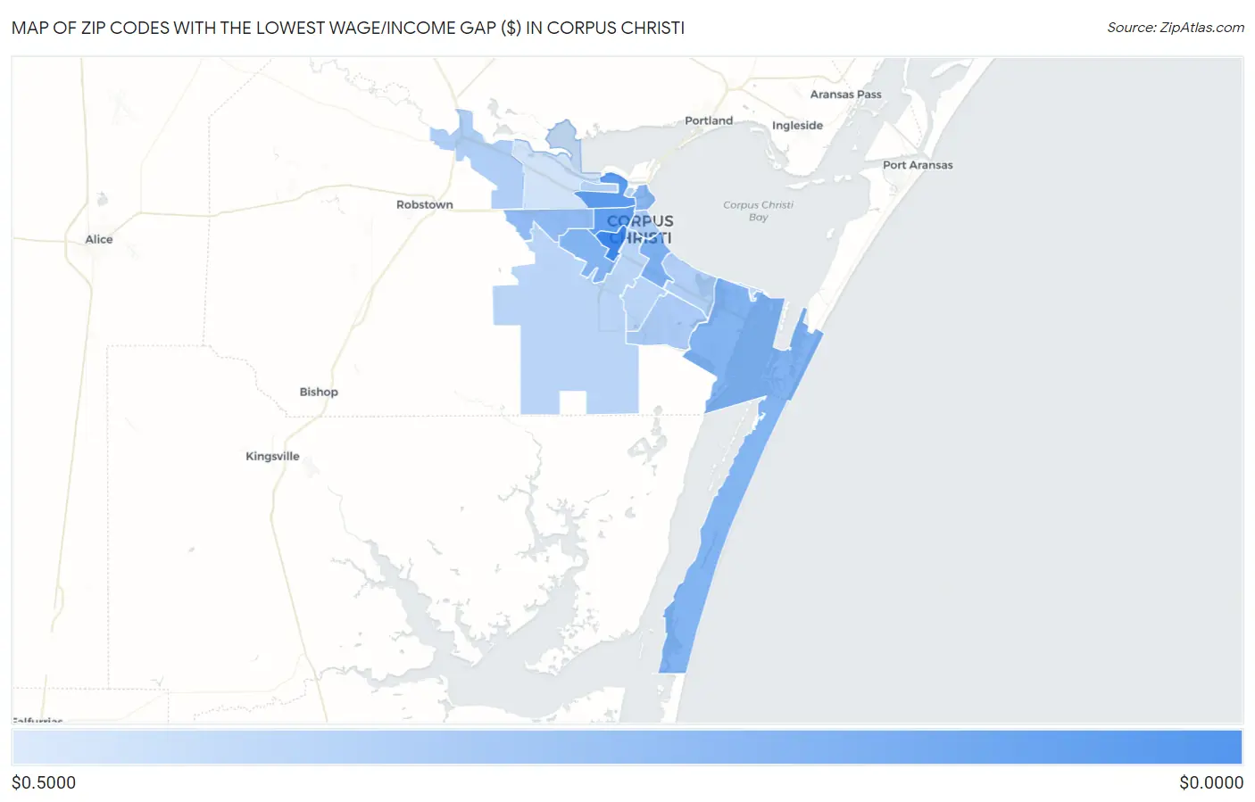 Zip Codes with the Lowest Wage/Income Gap ($) in Corpus Christi Map