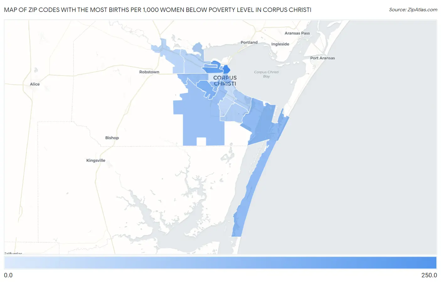 Zip Codes with the Most Births per 1,000 Women Below Poverty Level in Corpus Christi Map