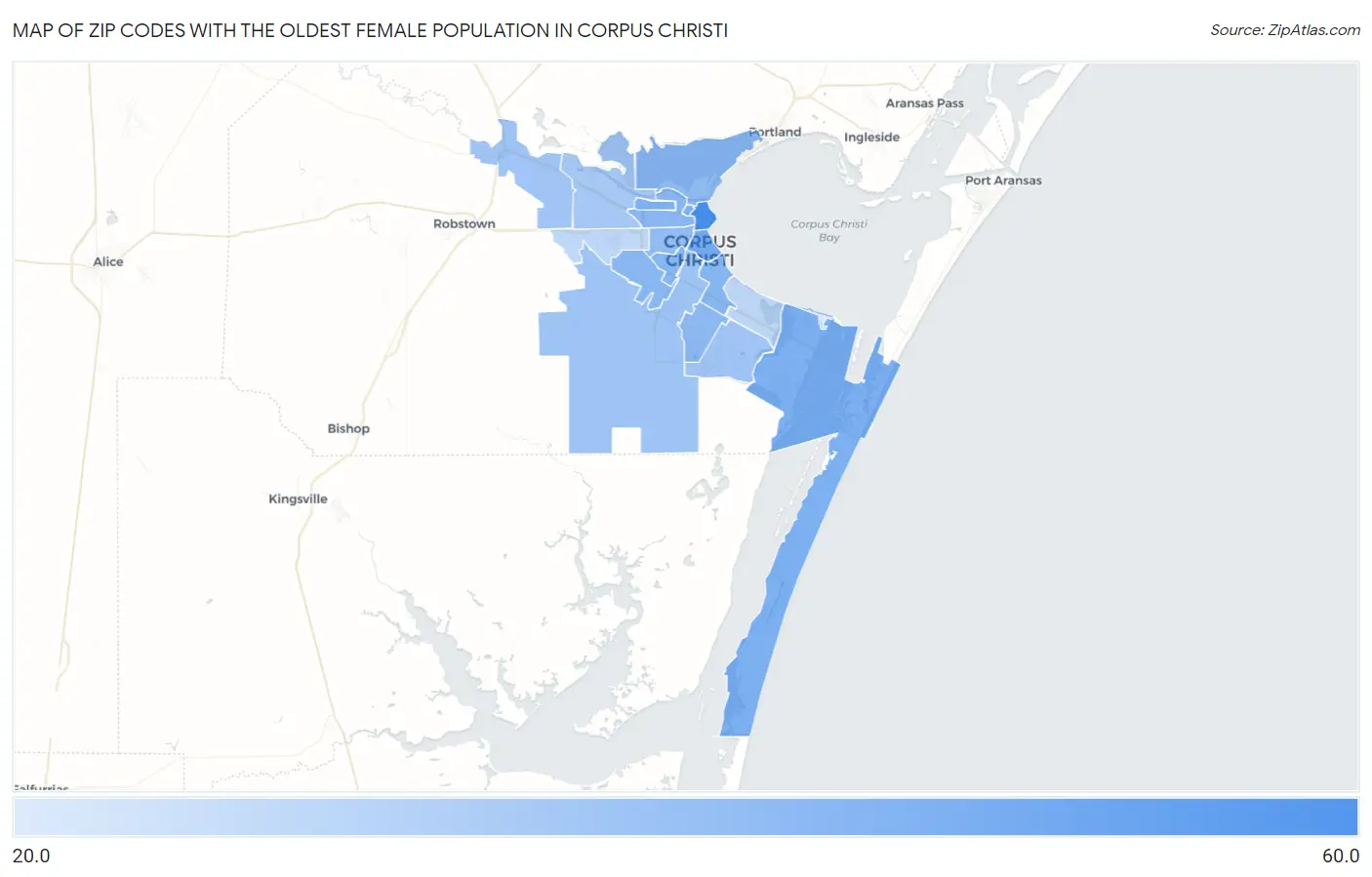 Zip Codes with the Oldest Female Population in Corpus Christi Map