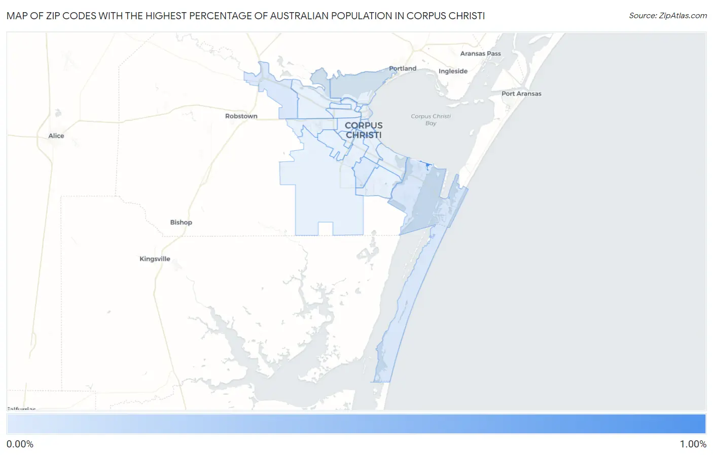 Zip Codes with the Highest Percentage of Australian Population in Corpus Christi Map