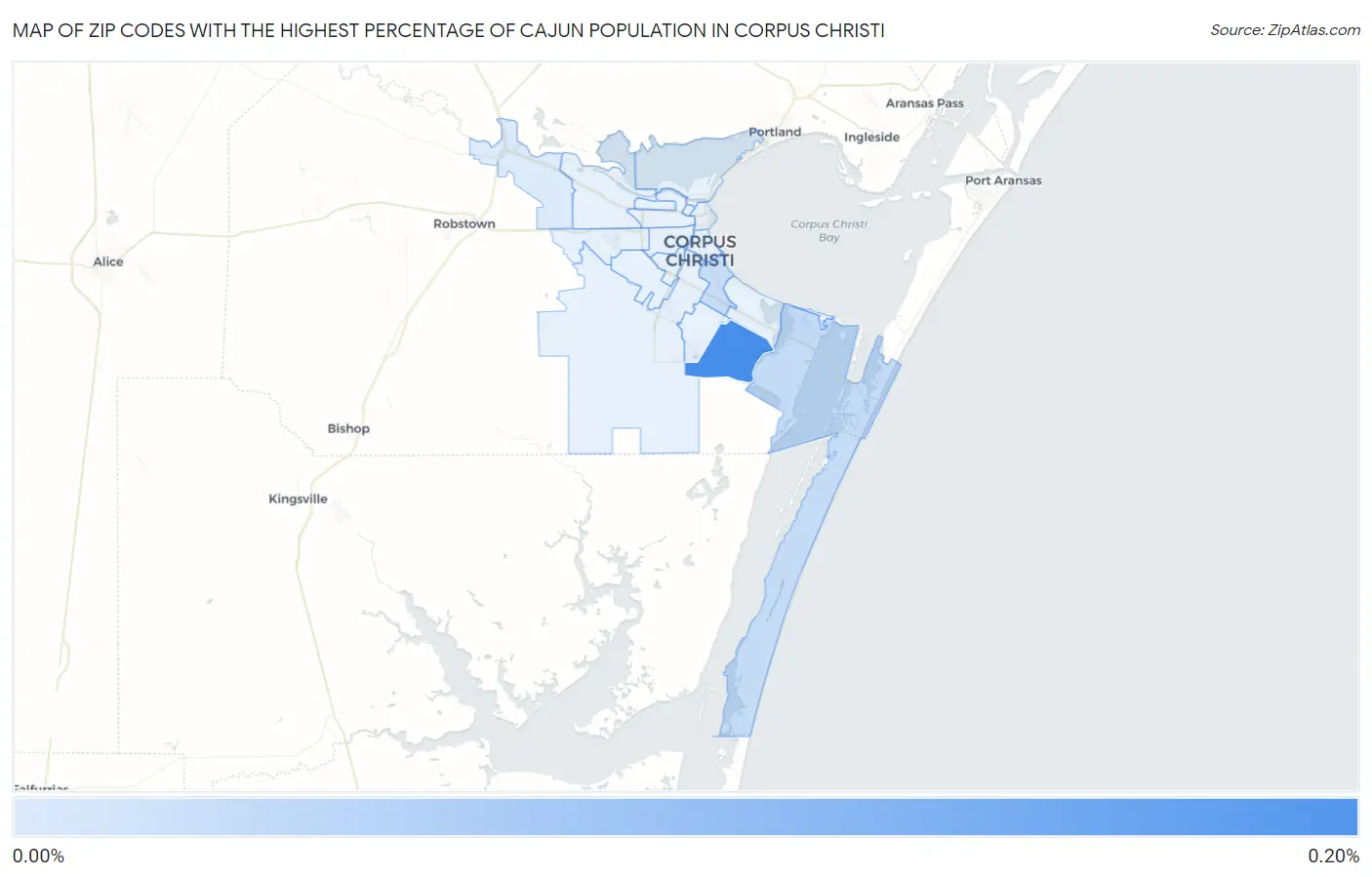 Zip Codes with the Highest Percentage of Cajun Population in Corpus Christi Map