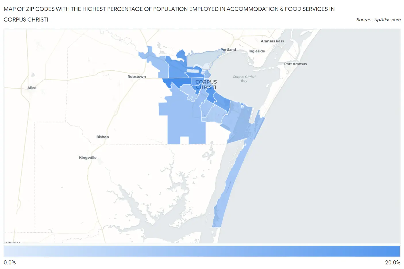 Zip Codes with the Highest Percentage of Population Employed in Accommodation & Food Services in Corpus Christi Map