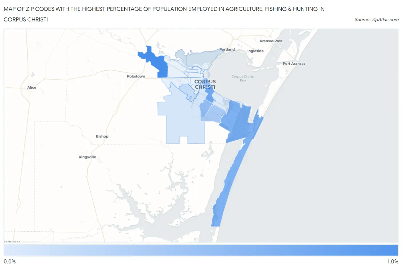 Zip Codes with the Highest Percentage of Population Employed in Agriculture, Fishing & Hunting in Corpus Christi Map