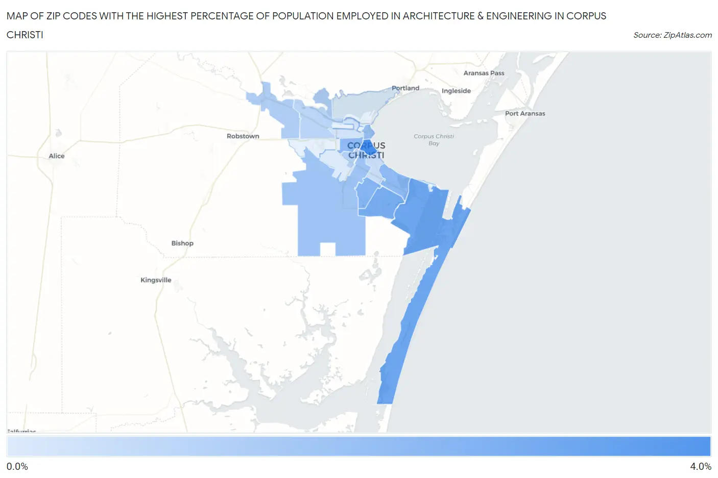 Zip Codes with the Highest Percentage of Population Employed in Architecture & Engineering in Corpus Christi Map