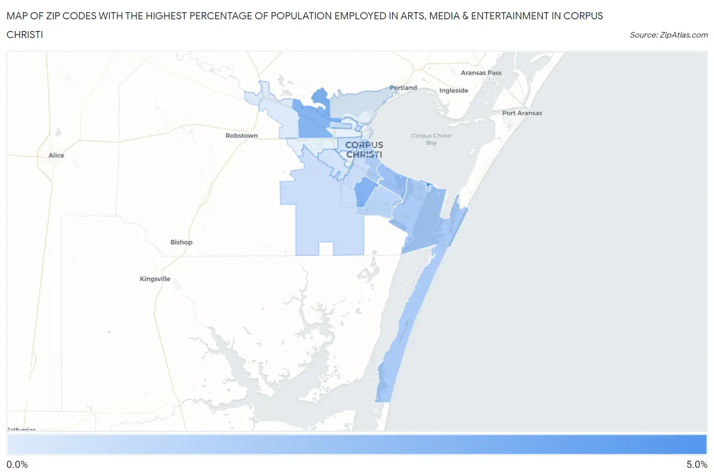 Zip Codes with the Highest Percentage of Population Employed in Arts, Media & Entertainment in Corpus Christi Map