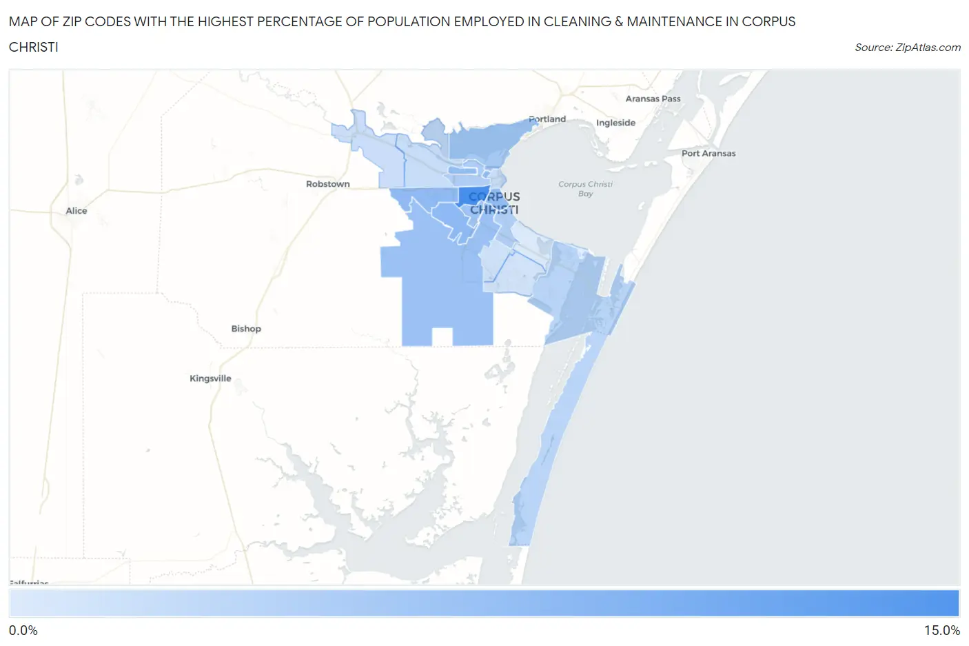 Zip Codes with the Highest Percentage of Population Employed in Cleaning & Maintenance in Corpus Christi Map