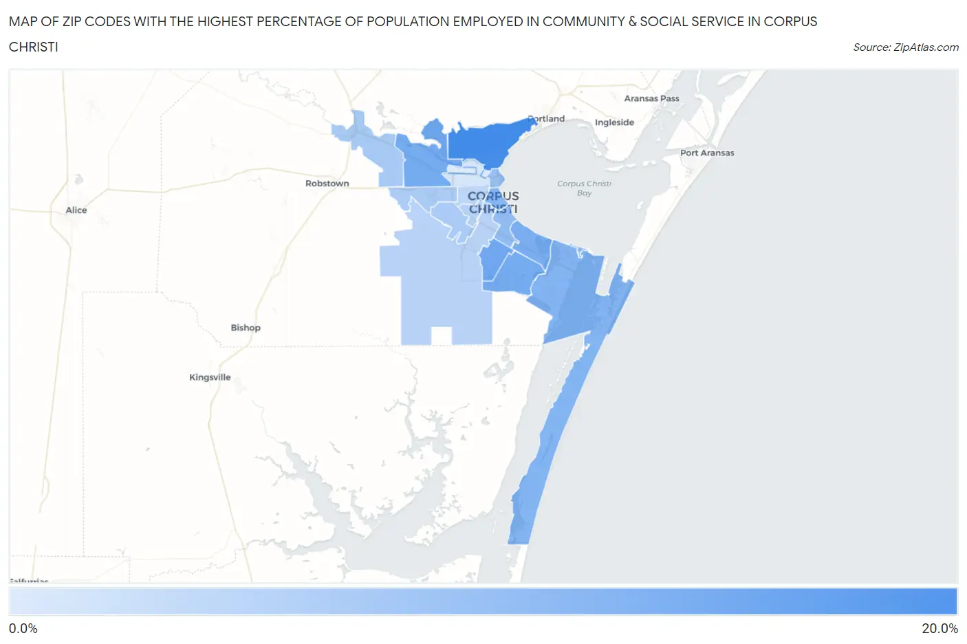 Zip Codes with the Highest Percentage of Population Employed in Community & Social Service  in Corpus Christi Map