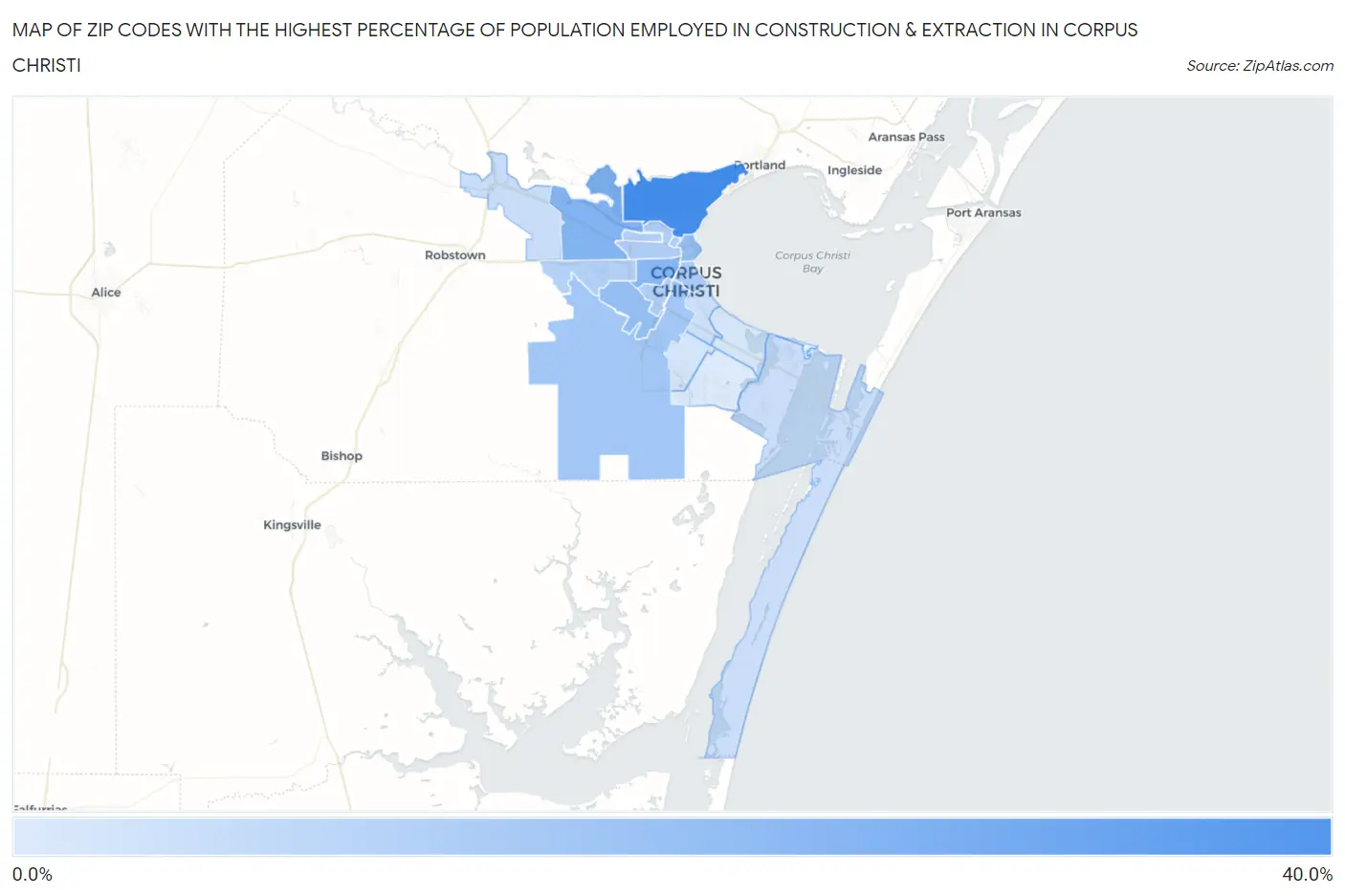 Zip Codes with the Highest Percentage of Population Employed in Construction & Extraction in Corpus Christi Map