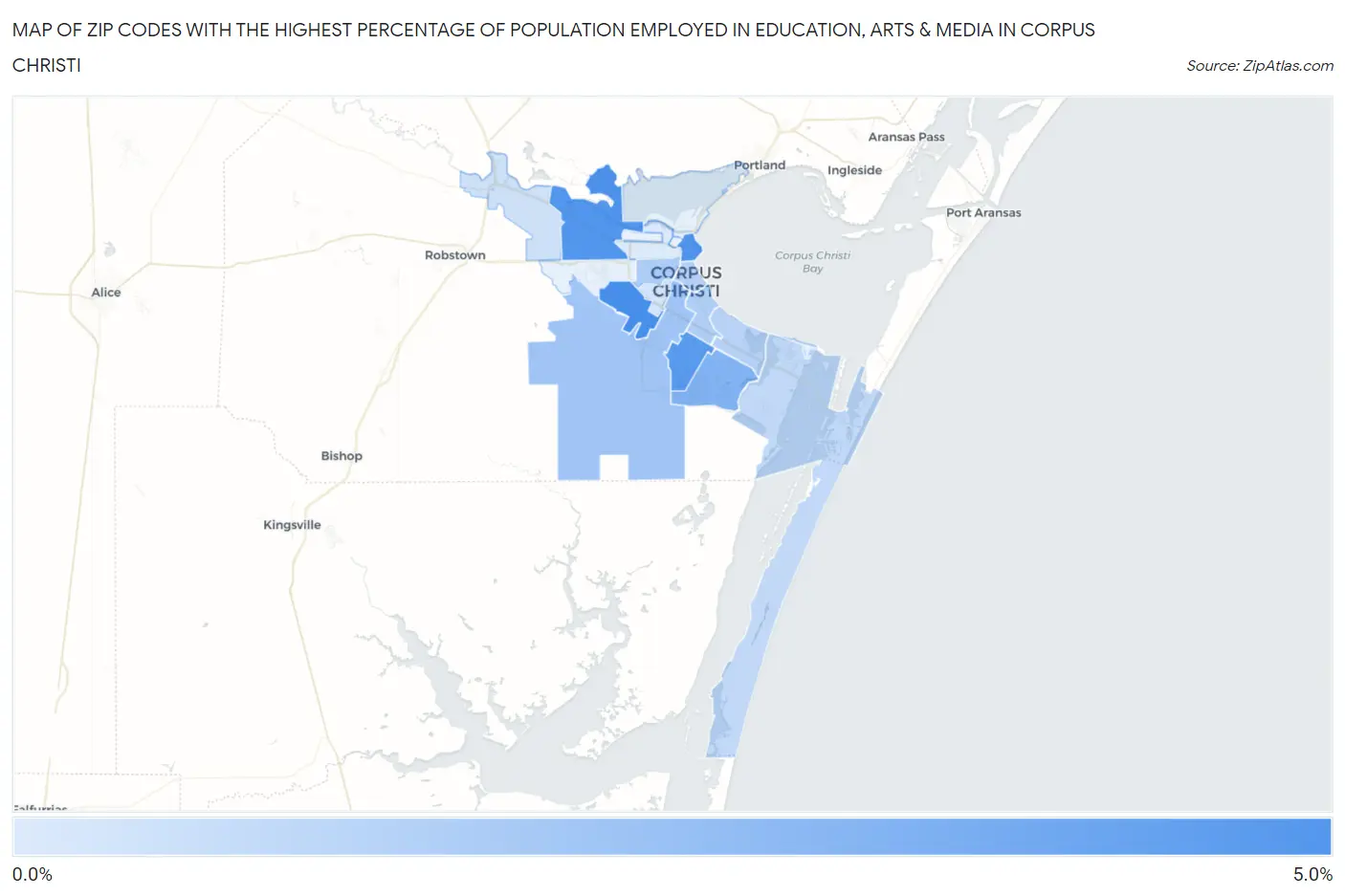 Zip Codes with the Highest Percentage of Population Employed in Education, Arts & Media in Corpus Christi Map