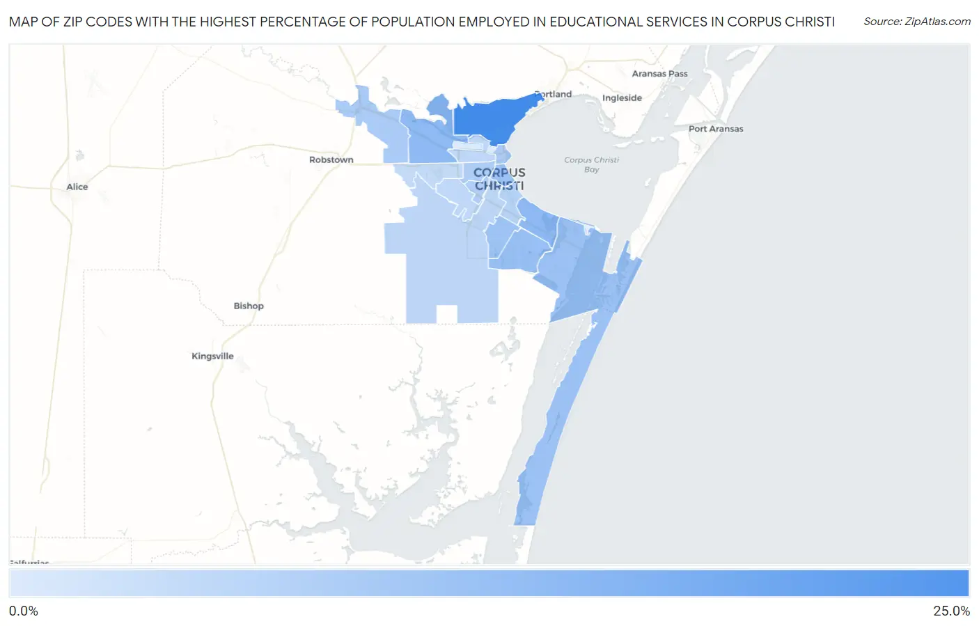 Zip Codes with the Highest Percentage of Population Employed in Educational Services in Corpus Christi Map