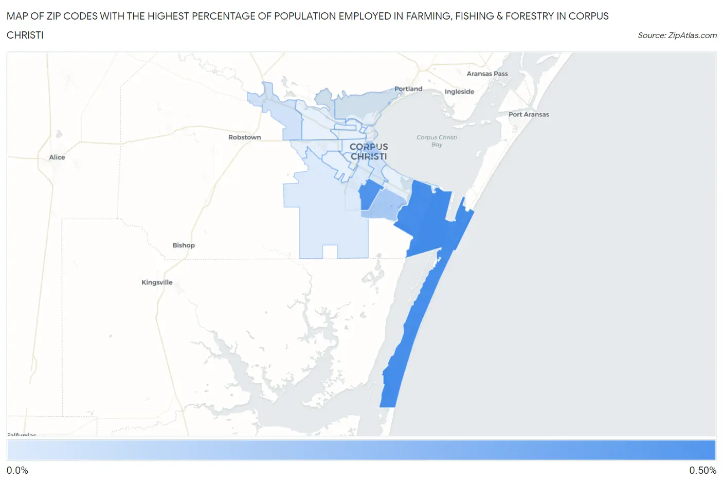 Zip Codes with the Highest Percentage of Population Employed in Farming, Fishing & Forestry in Corpus Christi Map