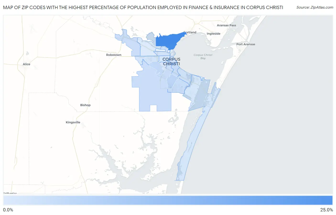 Zip Codes with the Highest Percentage of Population Employed in Finance & Insurance in Corpus Christi Map