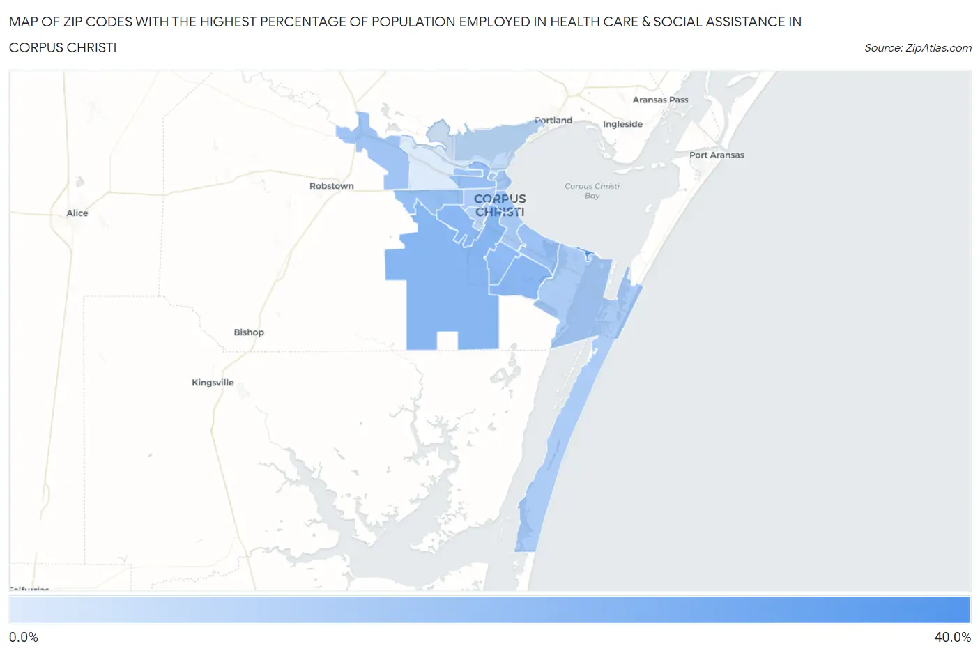 Zip Codes with the Highest Percentage of Population Employed in Health Care & Social Assistance in Corpus Christi Map
