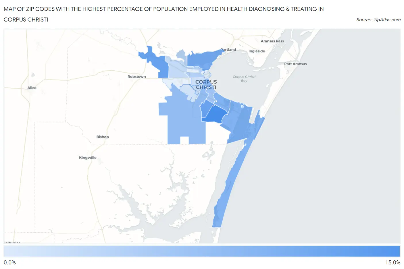 Zip Codes with the Highest Percentage of Population Employed in Health Diagnosing & Treating in Corpus Christi Map