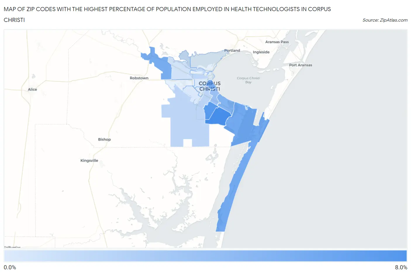 Zip Codes with the Highest Percentage of Population Employed in Health Technologists in Corpus Christi Map