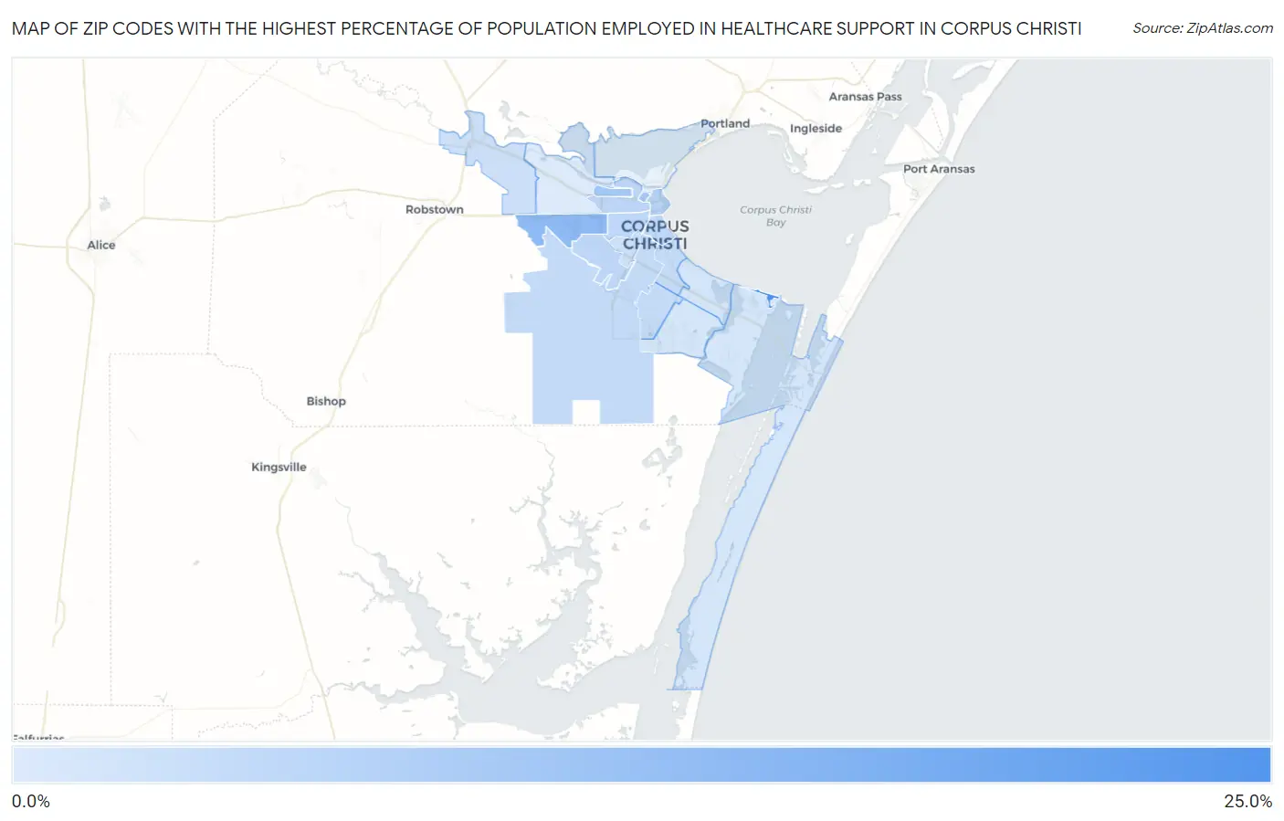 Zip Codes with the Highest Percentage of Population Employed in Healthcare Support in Corpus Christi Map