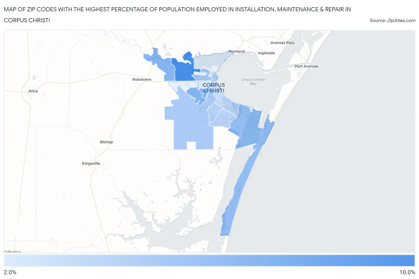 Zip Codes with the Highest Percentage of Population Employed in Installation, Maintenance & Repair in Corpus Christi Map