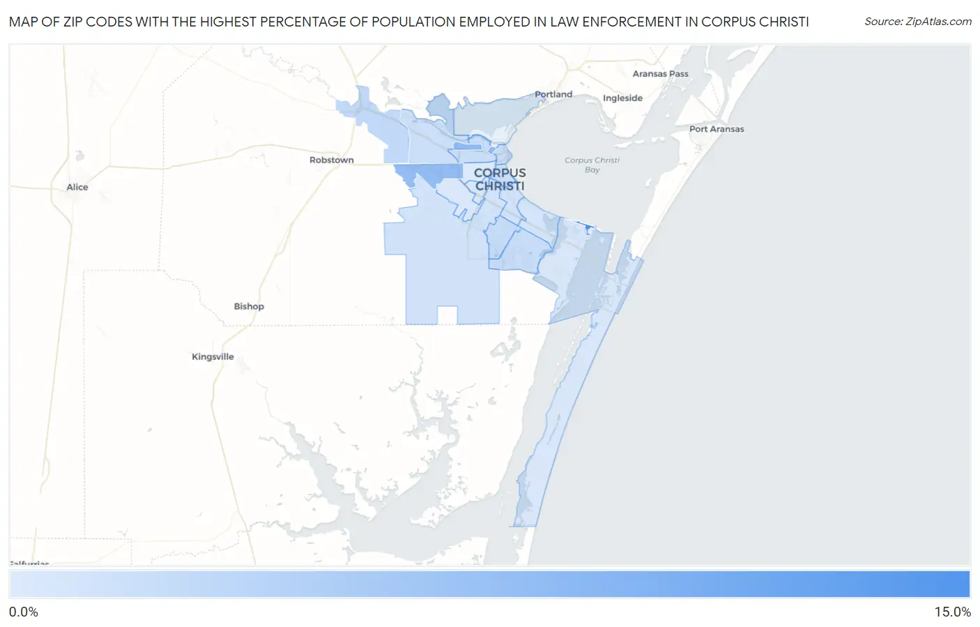 Zip Codes with the Highest Percentage of Population Employed in Law Enforcement in Corpus Christi Map