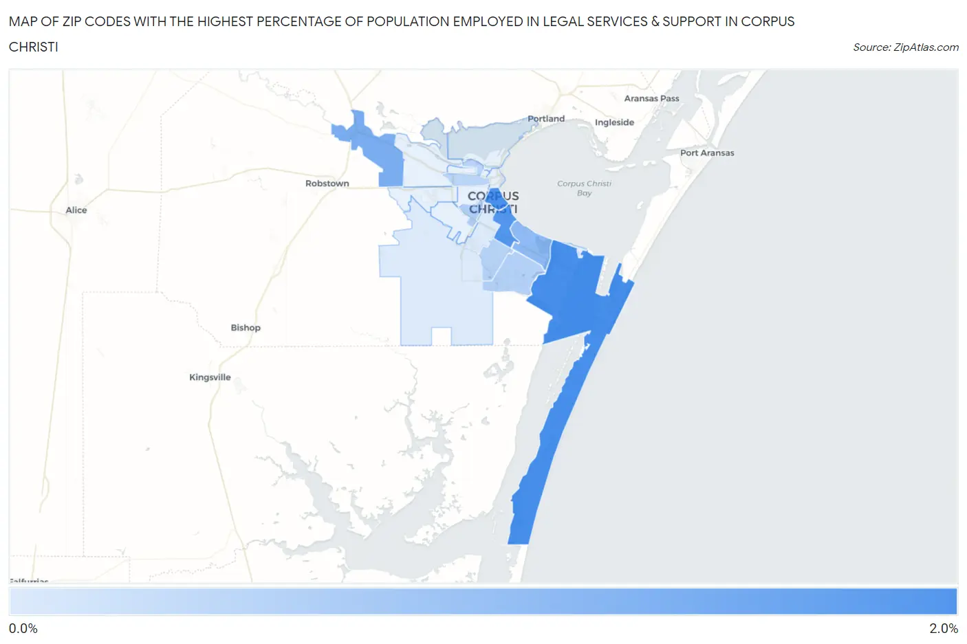 Zip Codes with the Highest Percentage of Population Employed in Legal Services & Support in Corpus Christi Map