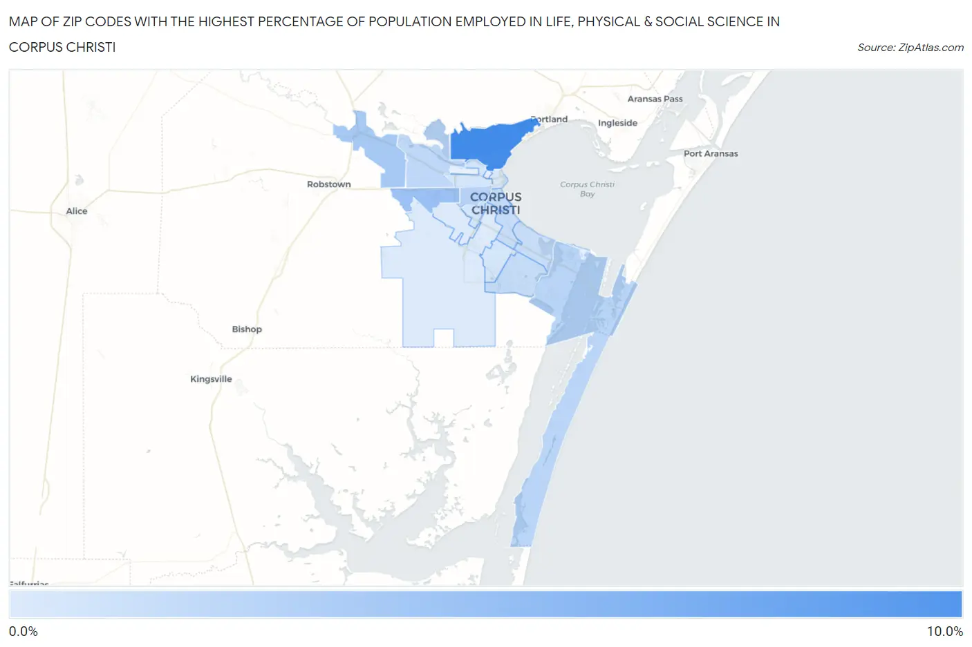 Zip Codes with the Highest Percentage of Population Employed in Life, Physical & Social Science in Corpus Christi Map