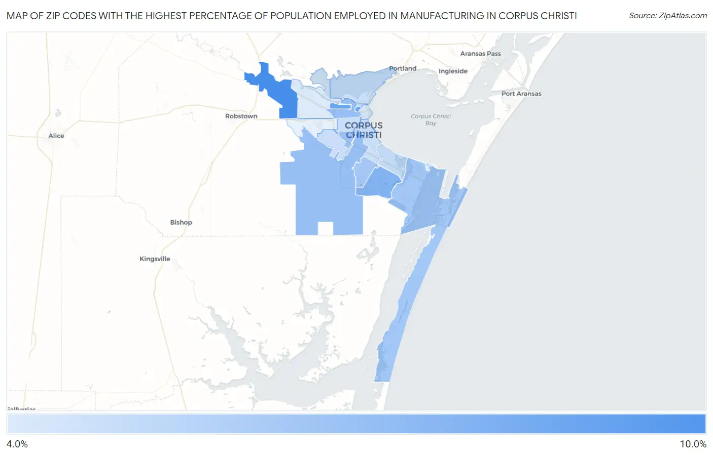 Zip Codes with the Highest Percentage of Population Employed in Manufacturing in Corpus Christi Map