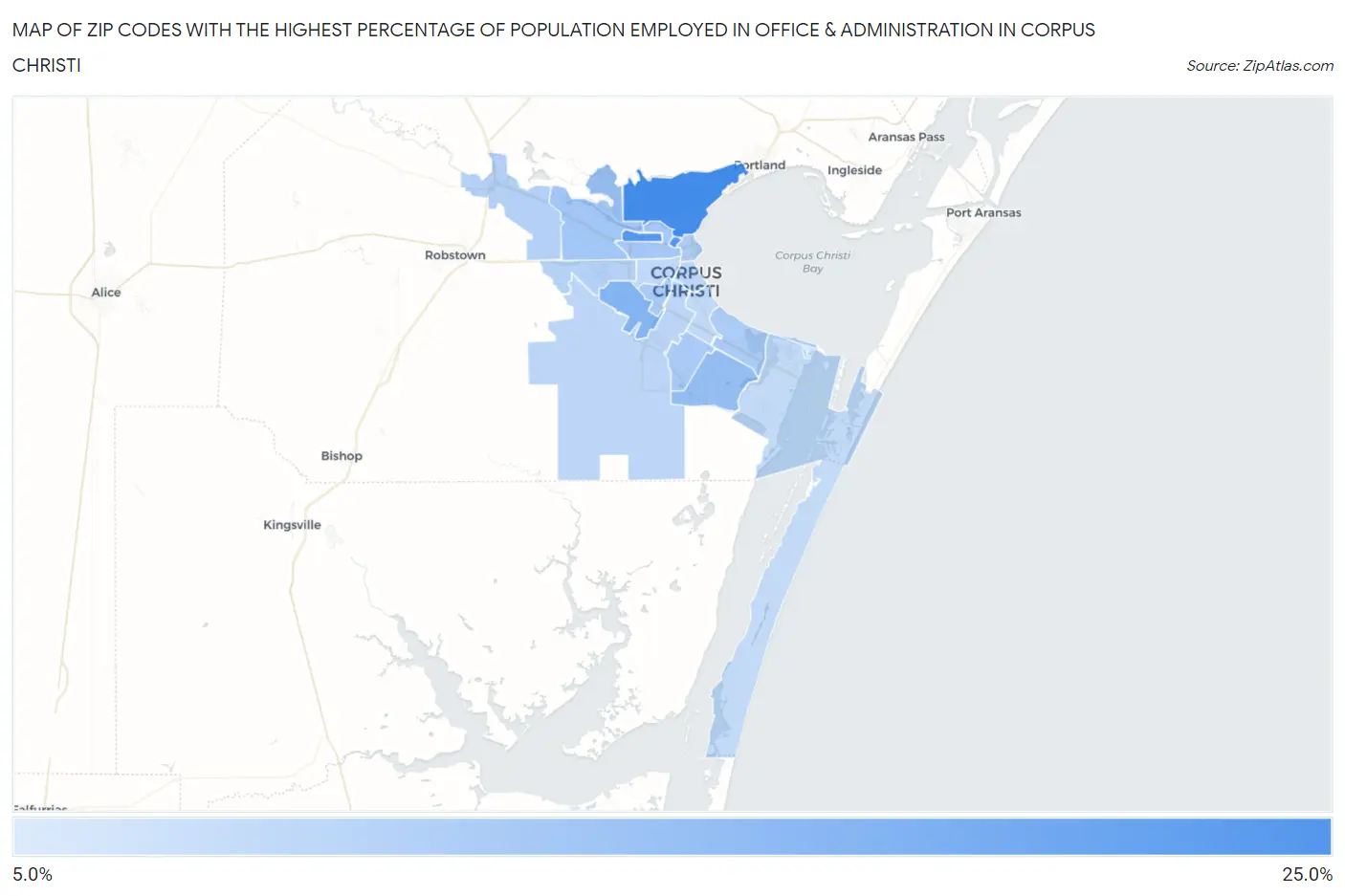 Zip Codes with the Highest Percentage of Population Employed in Office & Administration in Corpus Christi Map
