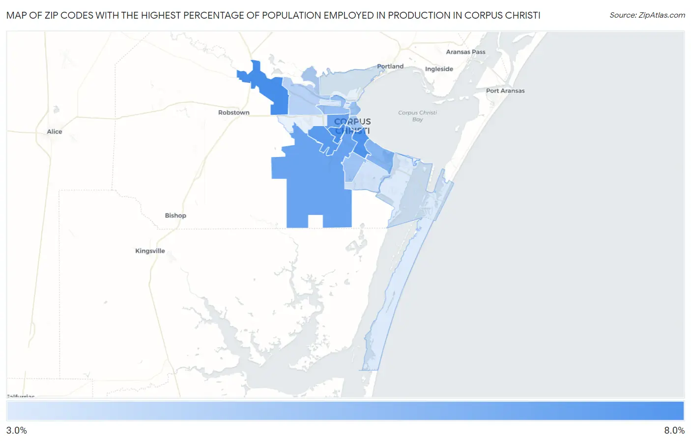 Zip Codes with the Highest Percentage of Population Employed in Production in Corpus Christi Map
