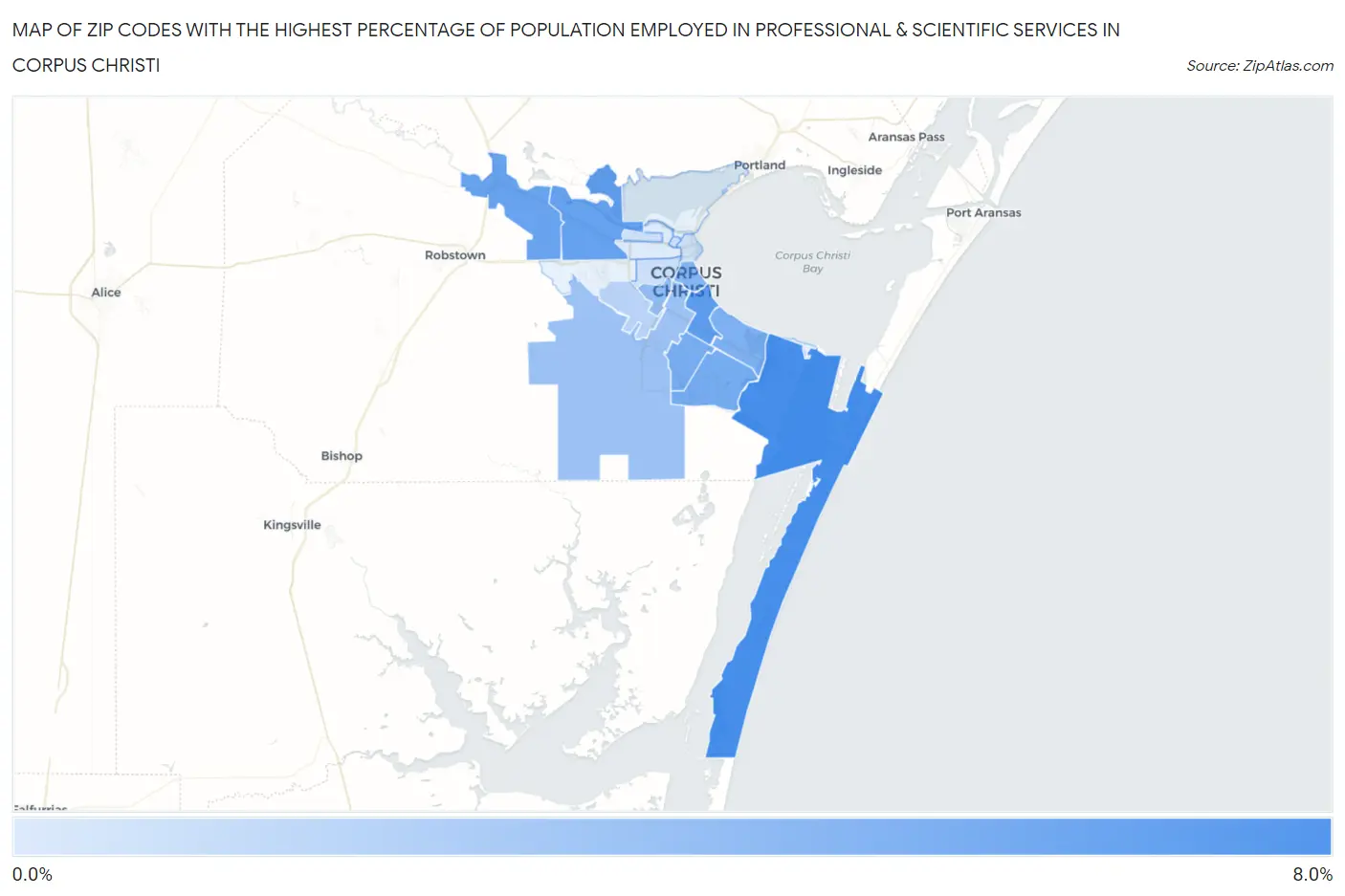 Zip Codes with the Highest Percentage of Population Employed in Professional & Scientific Services in Corpus Christi Map