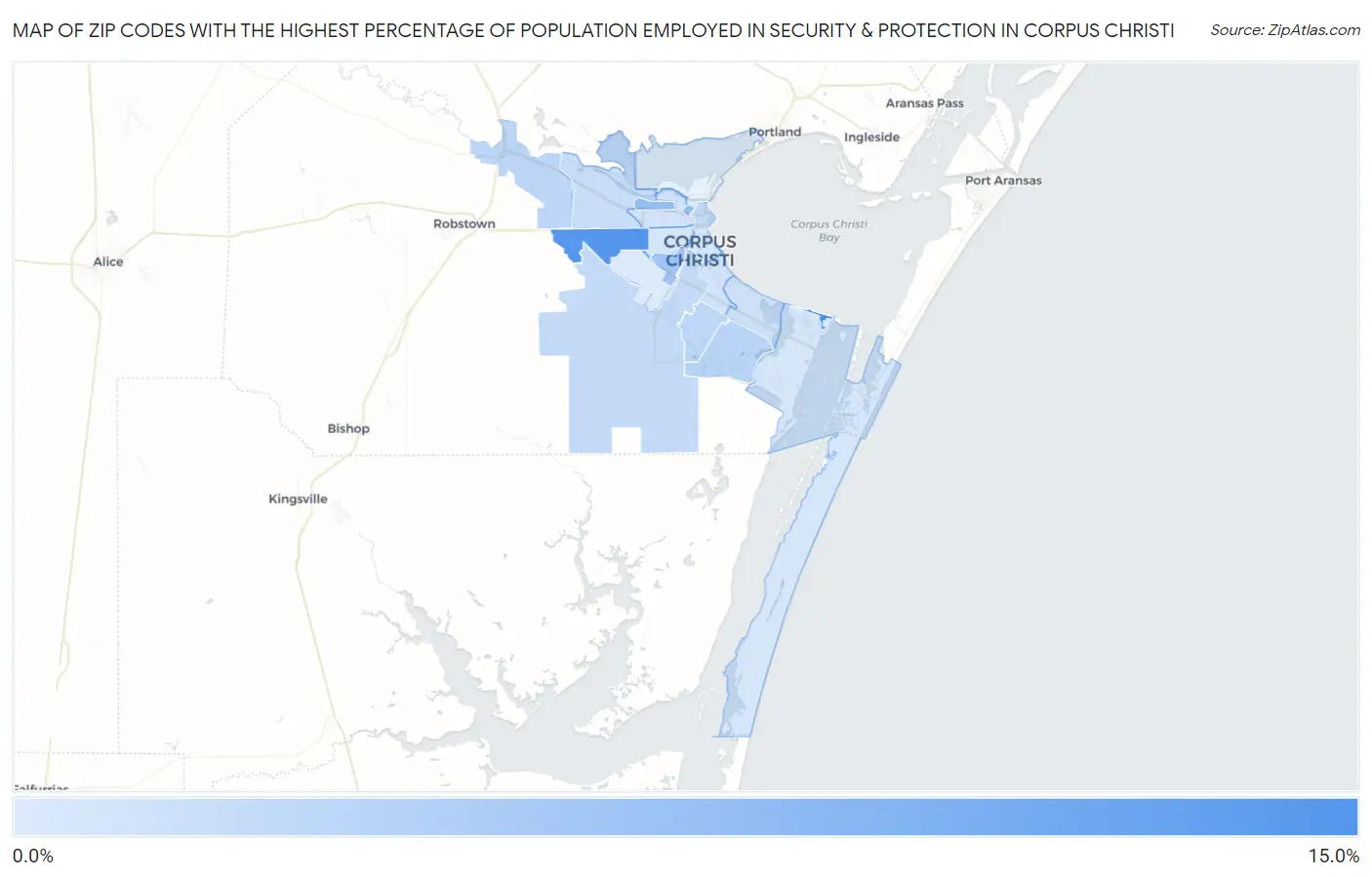 Zip Codes with the Highest Percentage of Population Employed in Security & Protection in Corpus Christi Map