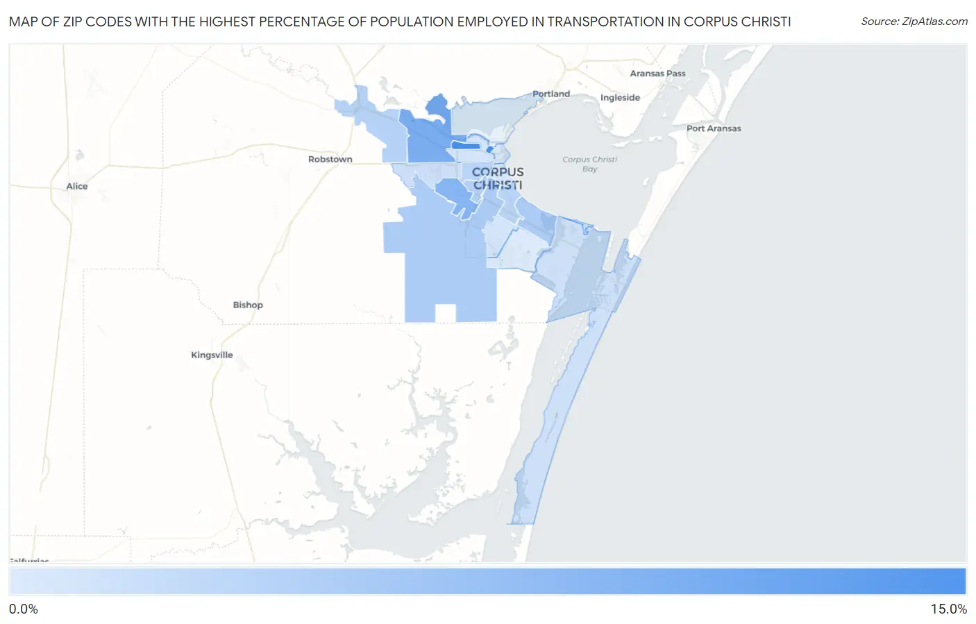 Zip Codes with the Highest Percentage of Population Employed in Transportation in Corpus Christi Map
