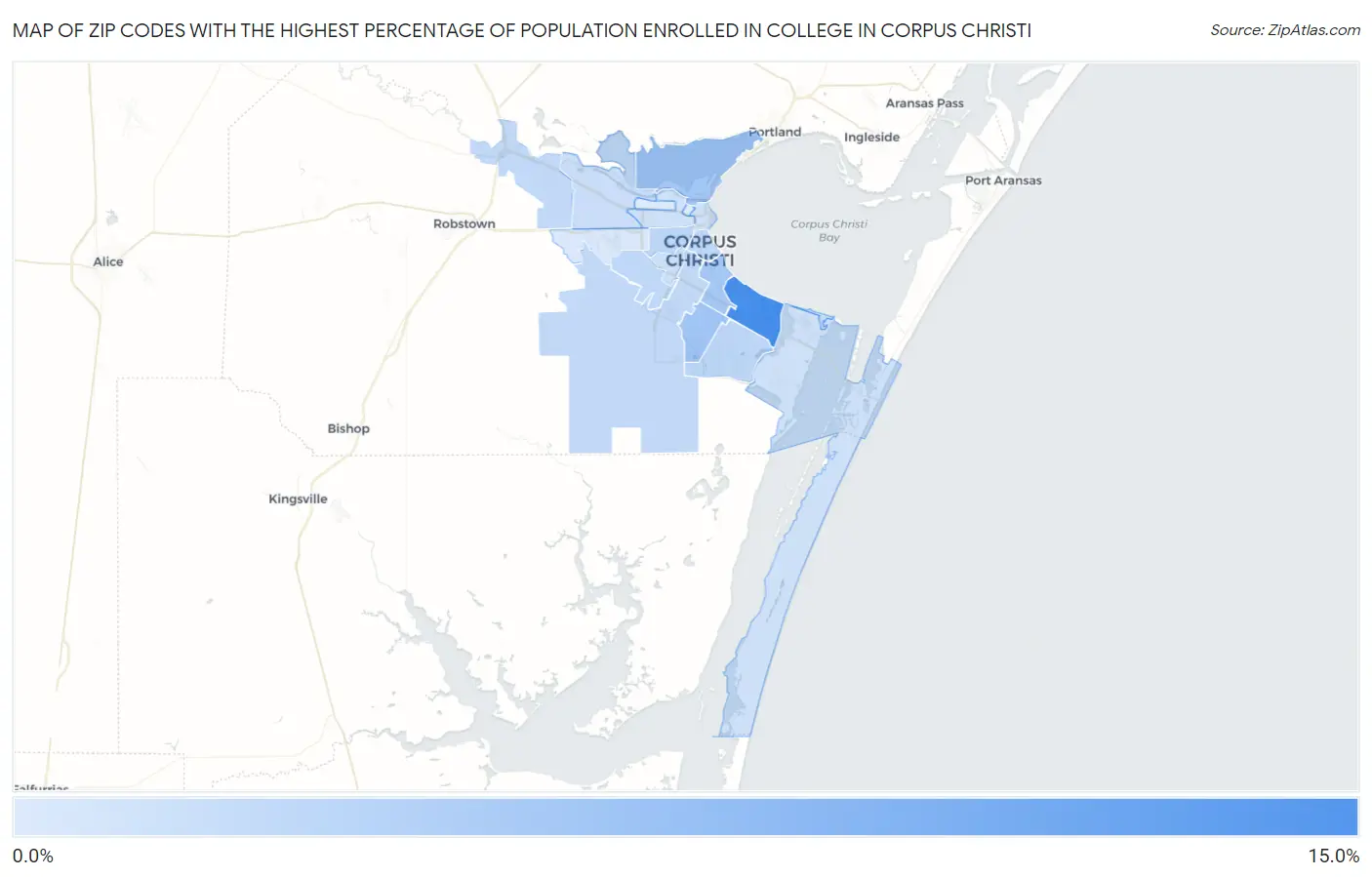 Zip Codes with the Highest Percentage of Population Enrolled in College in Corpus Christi Map
