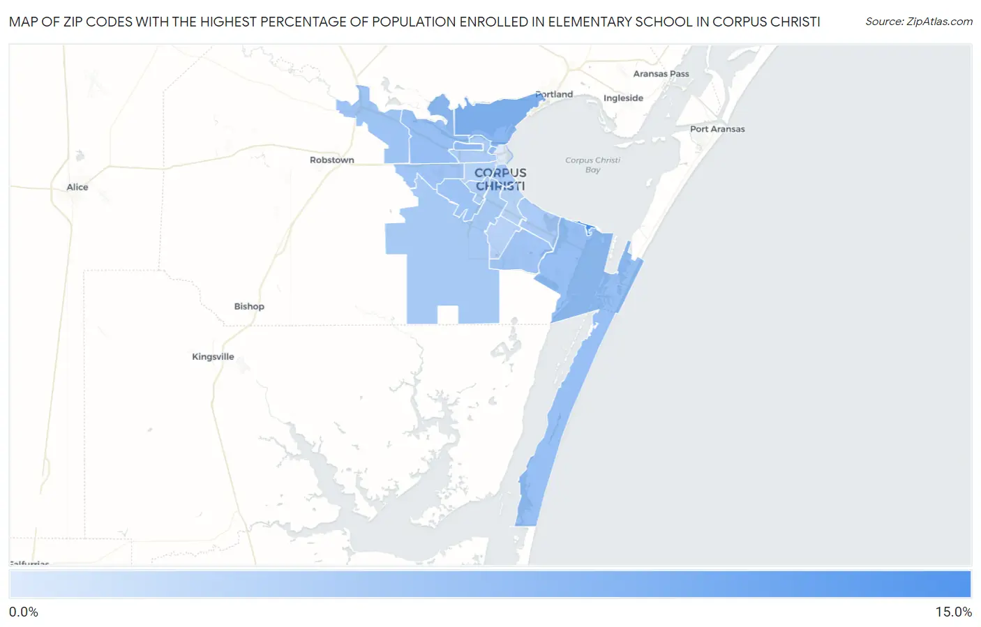 Zip Codes with the Highest Percentage of Population Enrolled in Elementary School in Corpus Christi Map