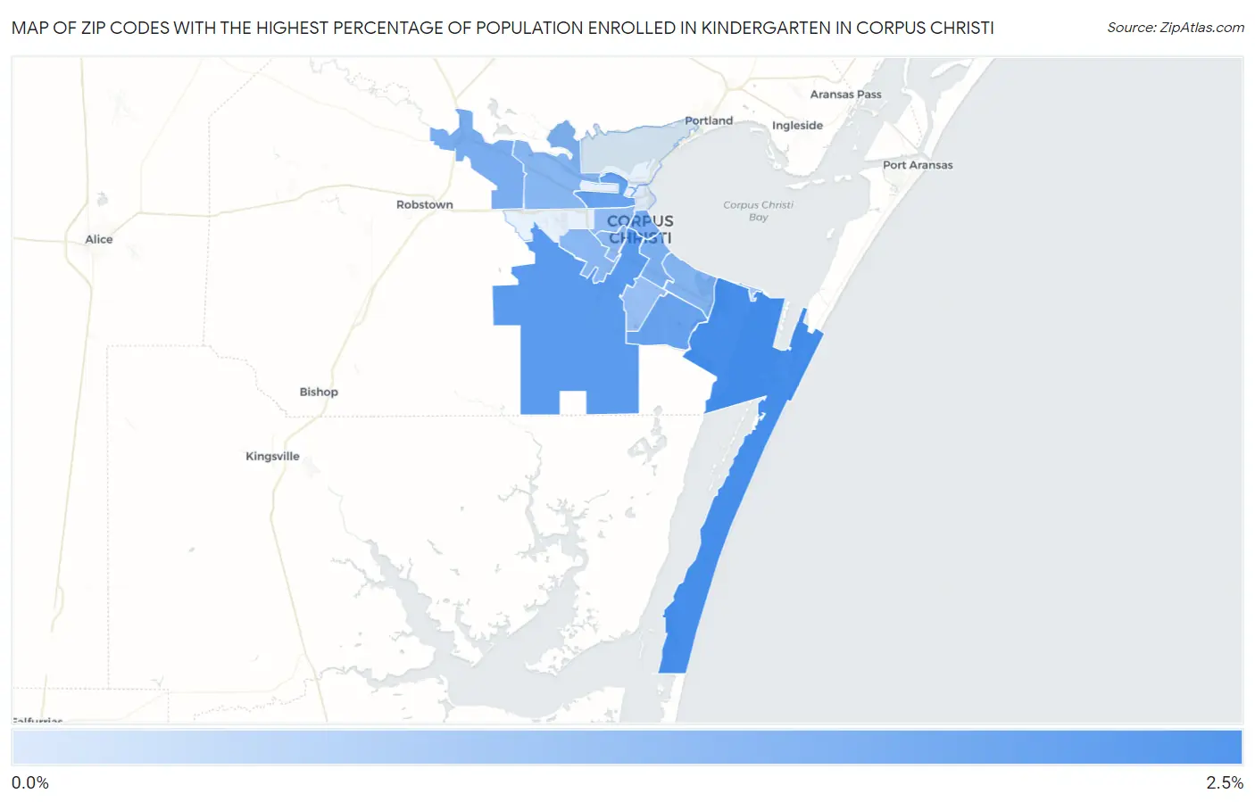Zip Codes with the Highest Percentage of Population Enrolled in Kindergarten in Corpus Christi Map