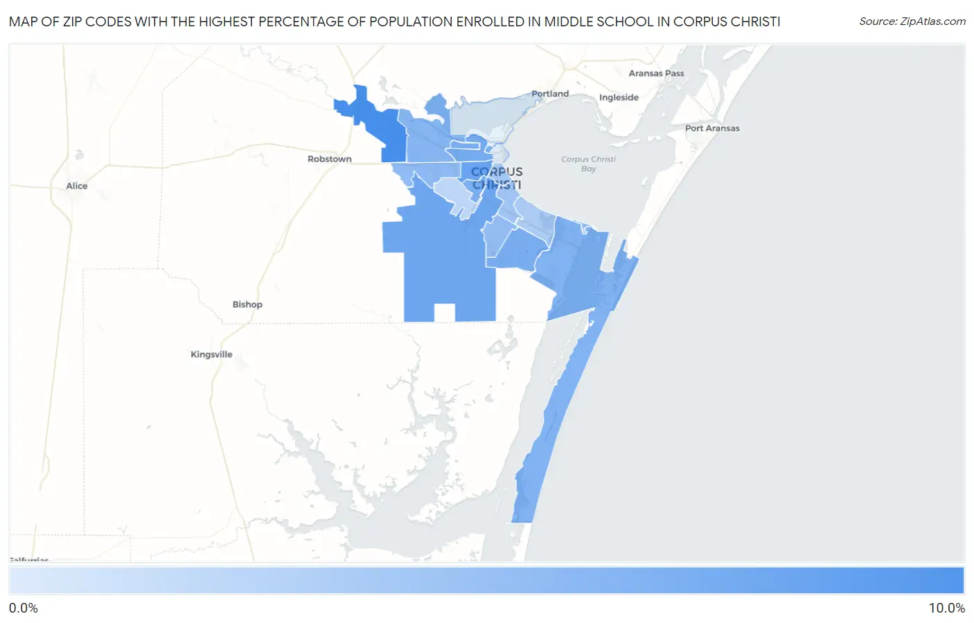 Zip Codes with the Highest Percentage of Population Enrolled in Middle School in Corpus Christi Map