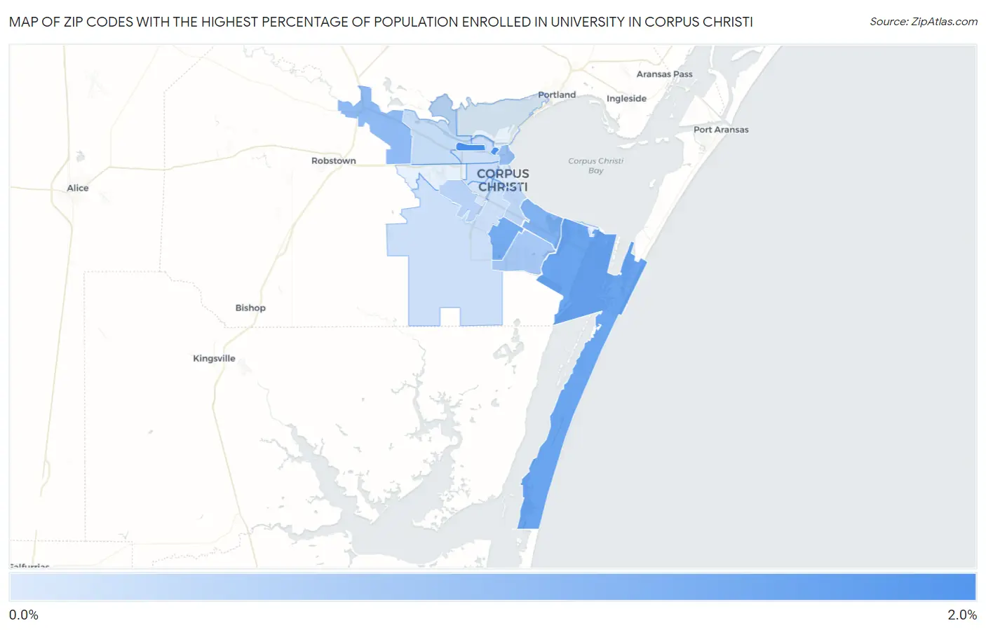 Zip Codes with the Highest Percentage of Population Enrolled in University in Corpus Christi Map